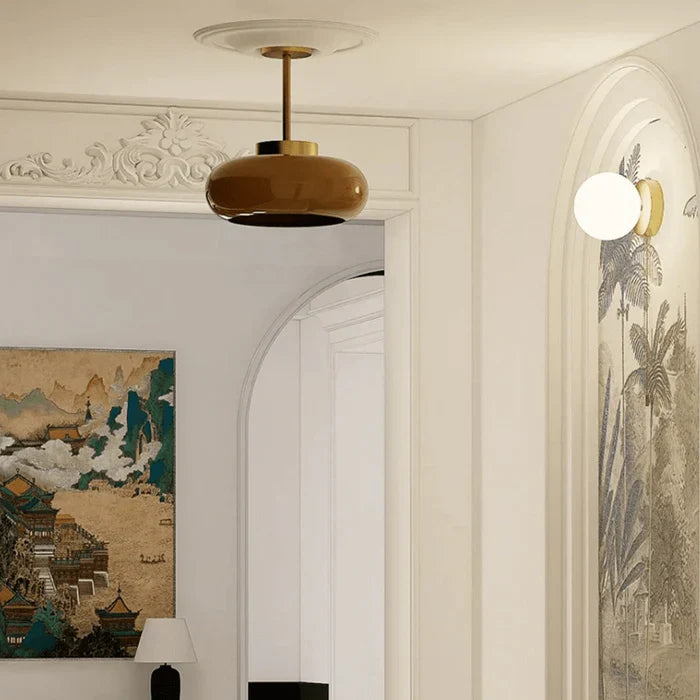 Vintage 11" Semi-Flush Ceiling Light with Orange Dome Shade